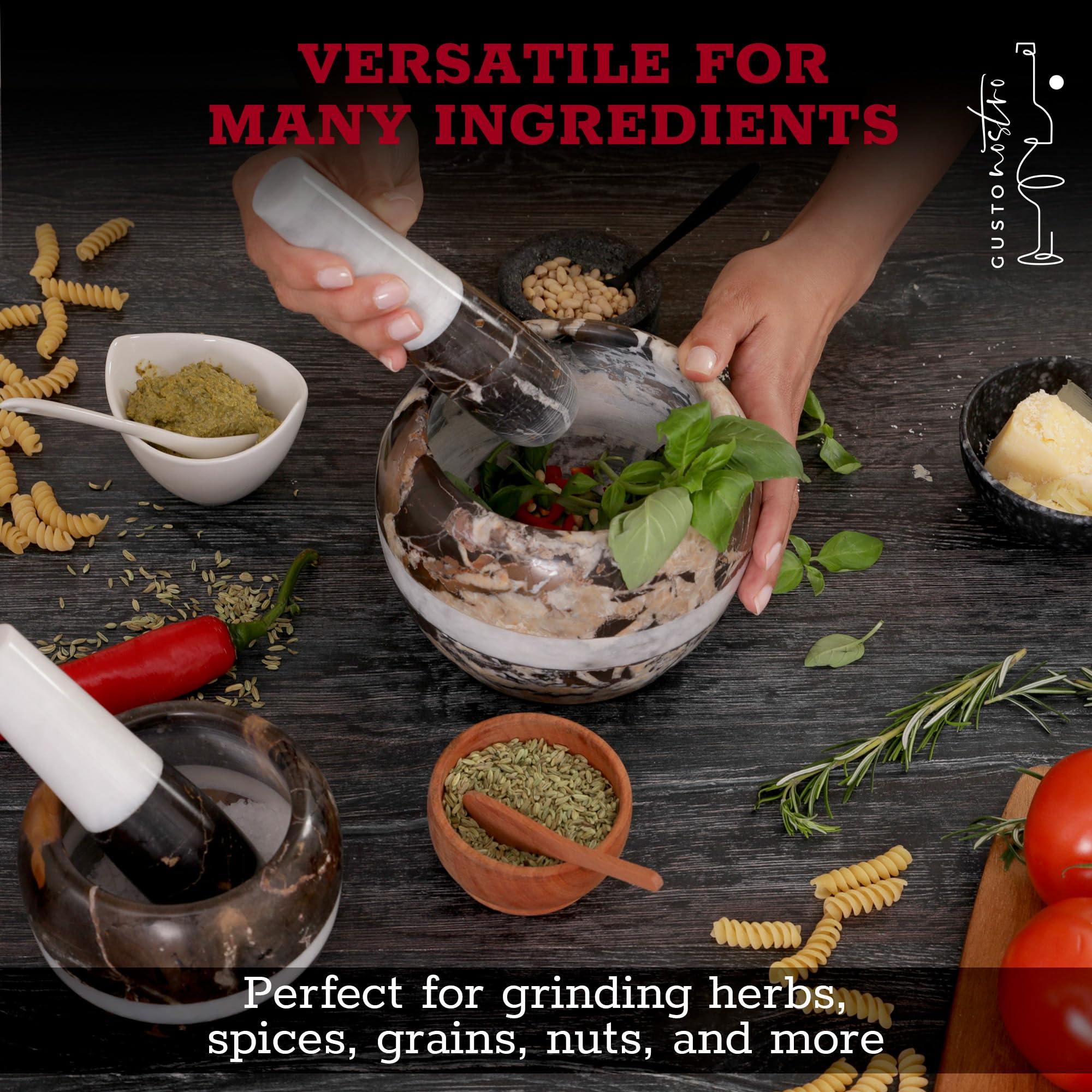 Gusto Nostro guacamole and pesto-ready mortar and pestle for bold flavors.