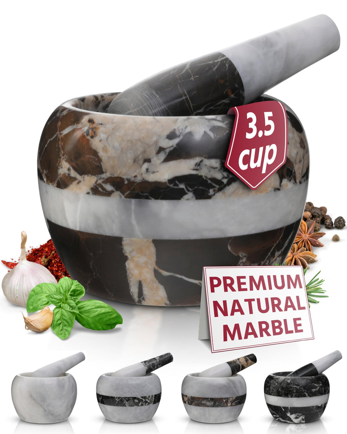 Gusto Nostro 6-inch marble mortar and pestle for precise herb grinding.
