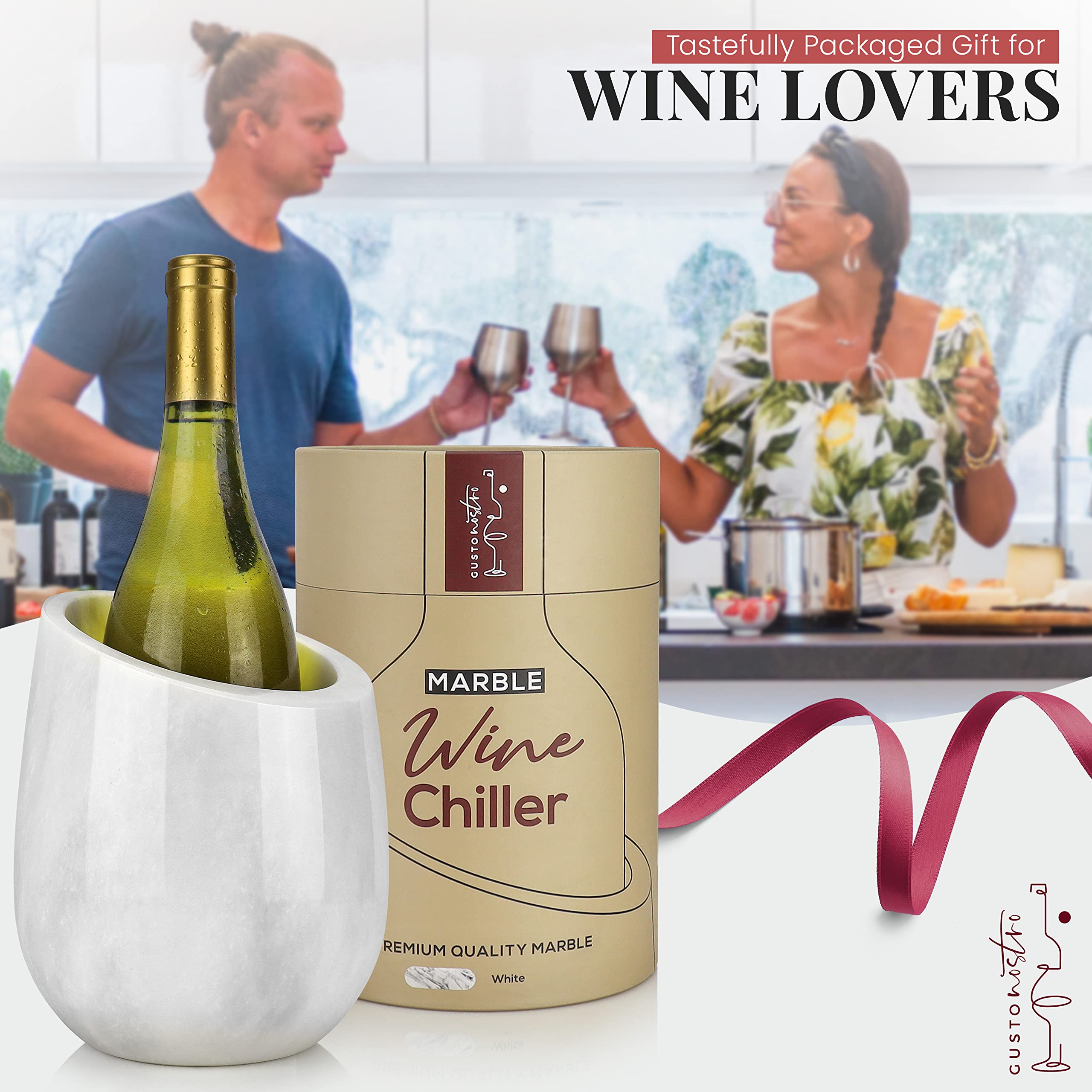 Gusto Nostro marble wine chiller ready for champagne or wine presentation.