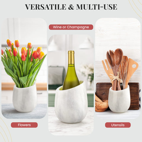 Front view of Gusto Nostro marble wine chiller bucket shows elegant design for table display.