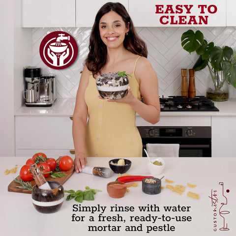 Gusto Nostro grinding action marble mortar and pestle for smooth texture.