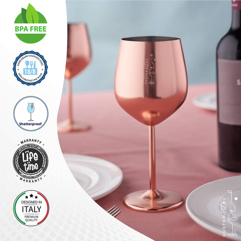 Gusto Nostro rose-gold finish wine glass close-up highlighting durable design
