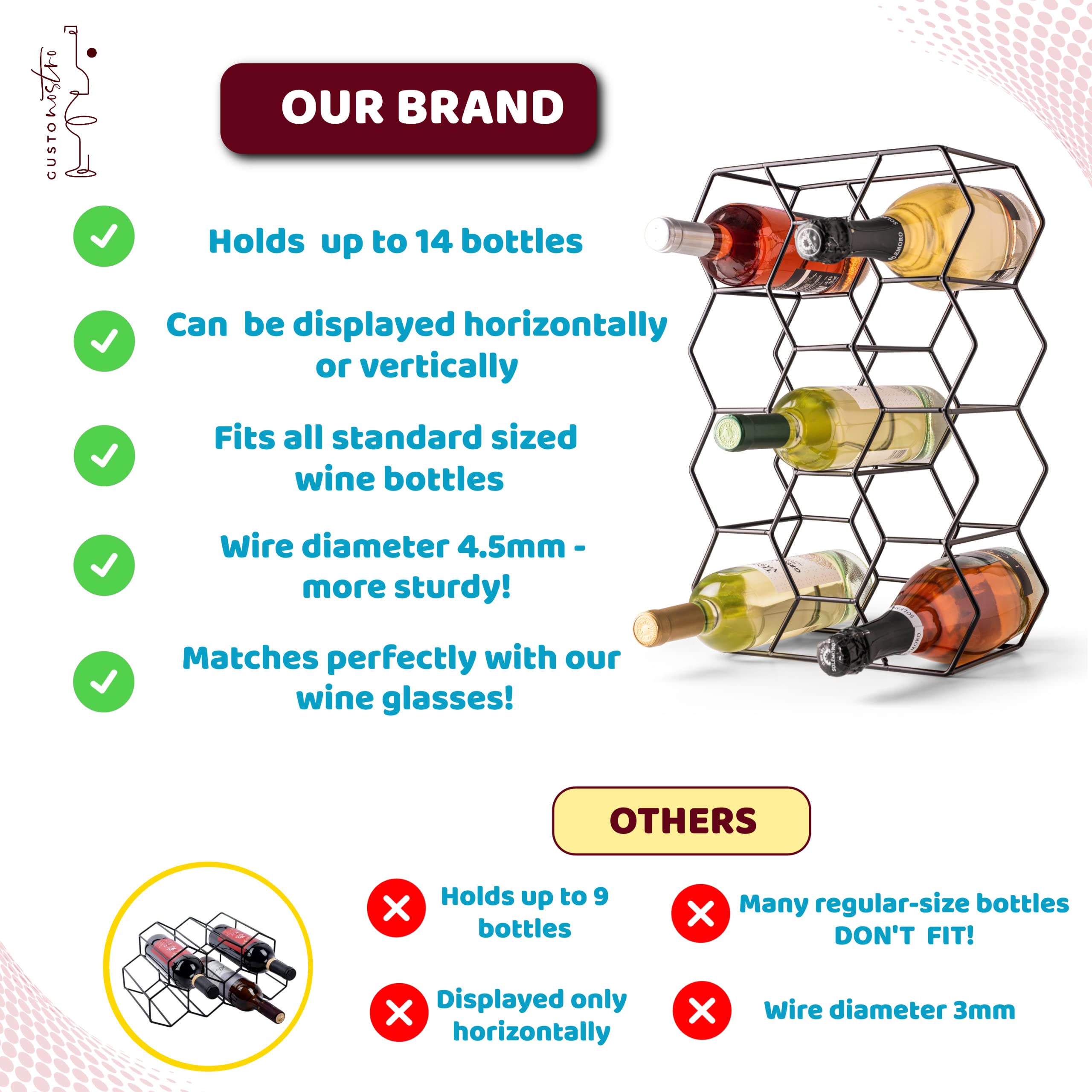 Gusto Nostro wine rack on kitchen counter keeps bottles organized and accessible.