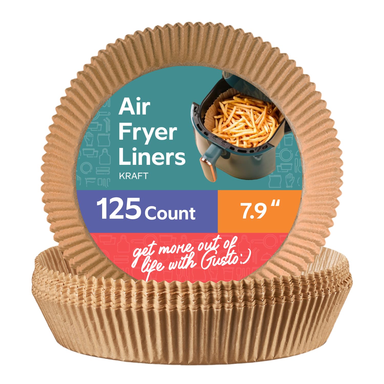GUSTO round air fryer liners in a 125 count box for quick cleanup