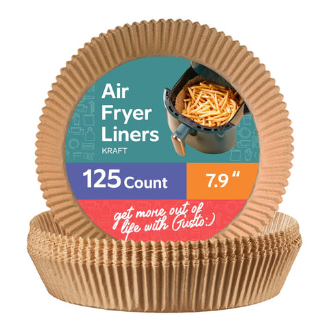 GUSTO round air fryer liners in a 125 count box for quick cleanup