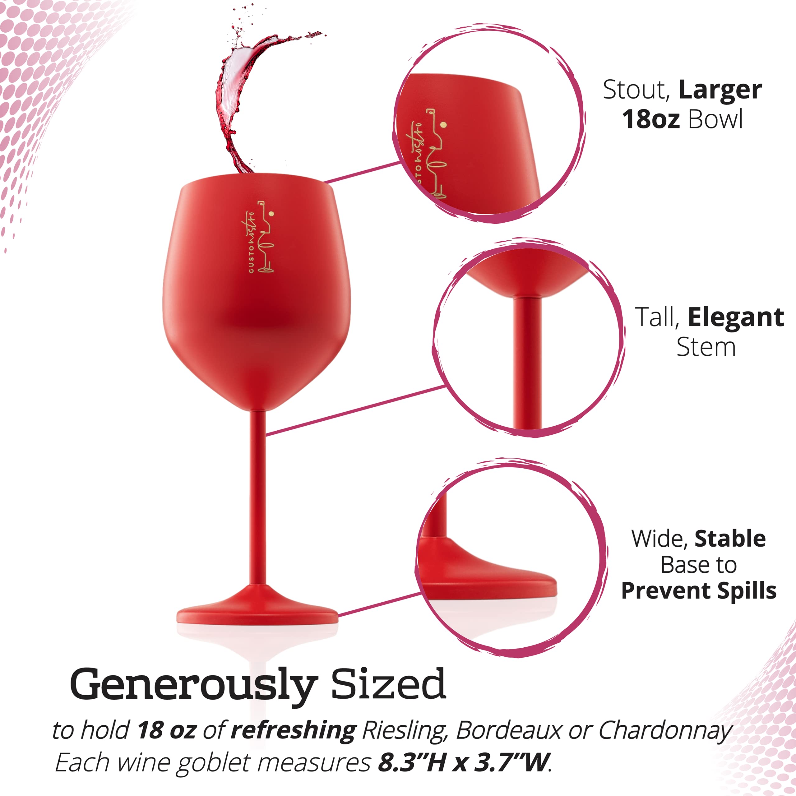 Gusto Nostro stainless steel wine glass 18oz capacity enhances aroma and bouquet.