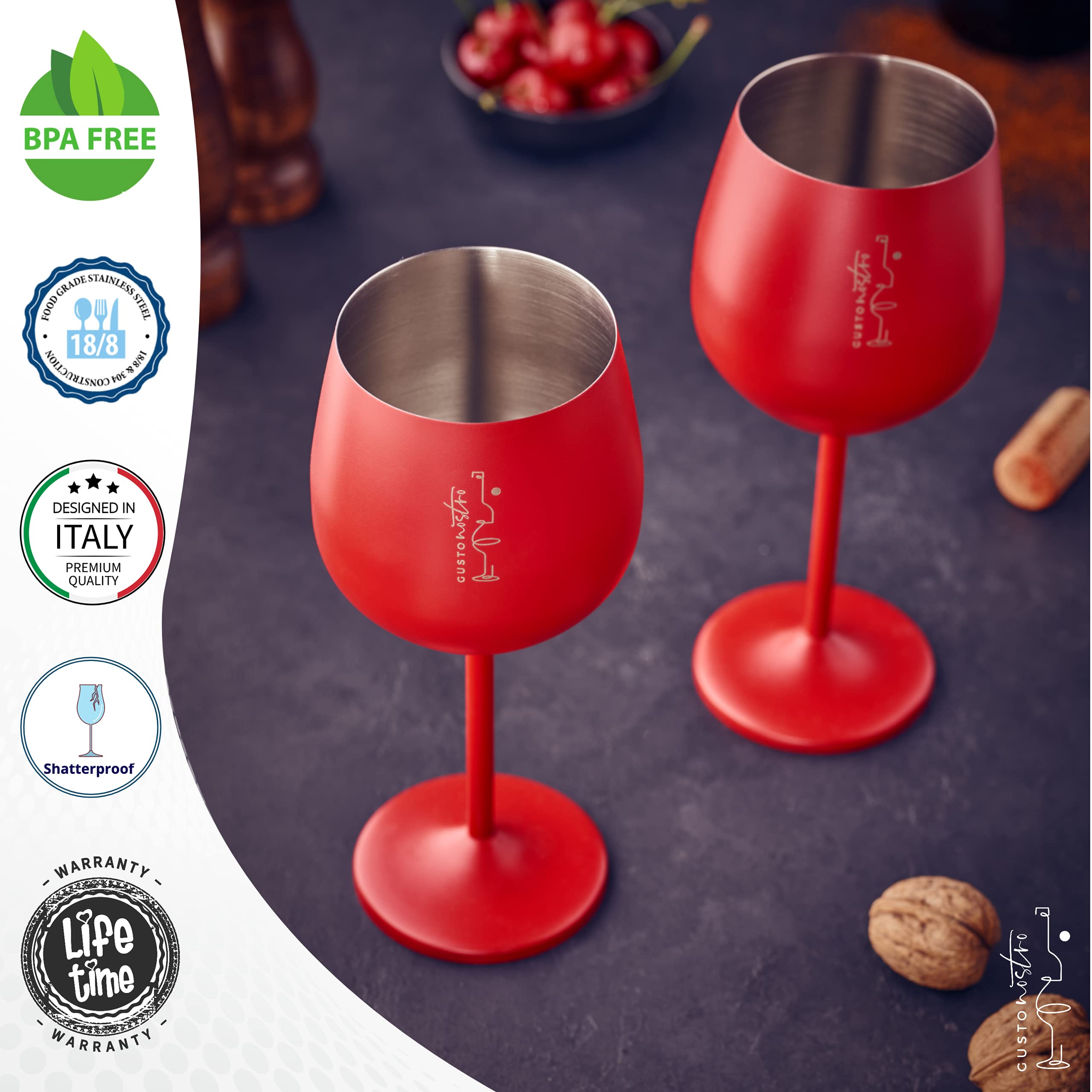 Gusto Nostro stainless steel wine glass with robust base for stable poolside use.
