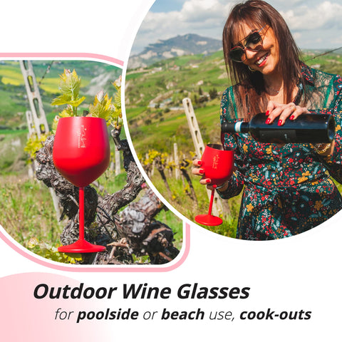 Gusto Nostro stainless steel wine glass shatterproof body resists drops on camping trips.