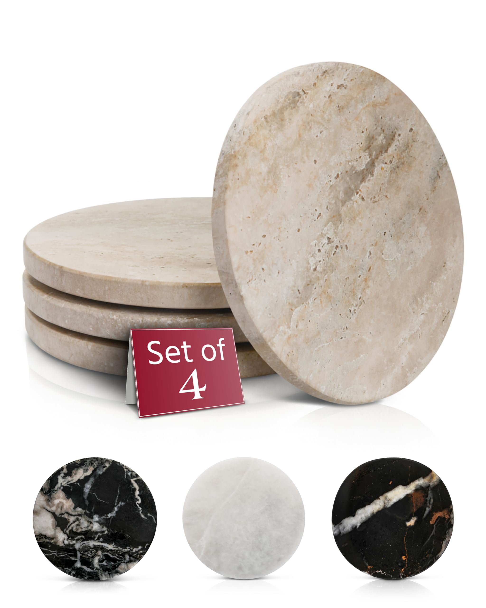 Gusto Nostro travertine coaster showing absorbent texture for spills on tabletops.