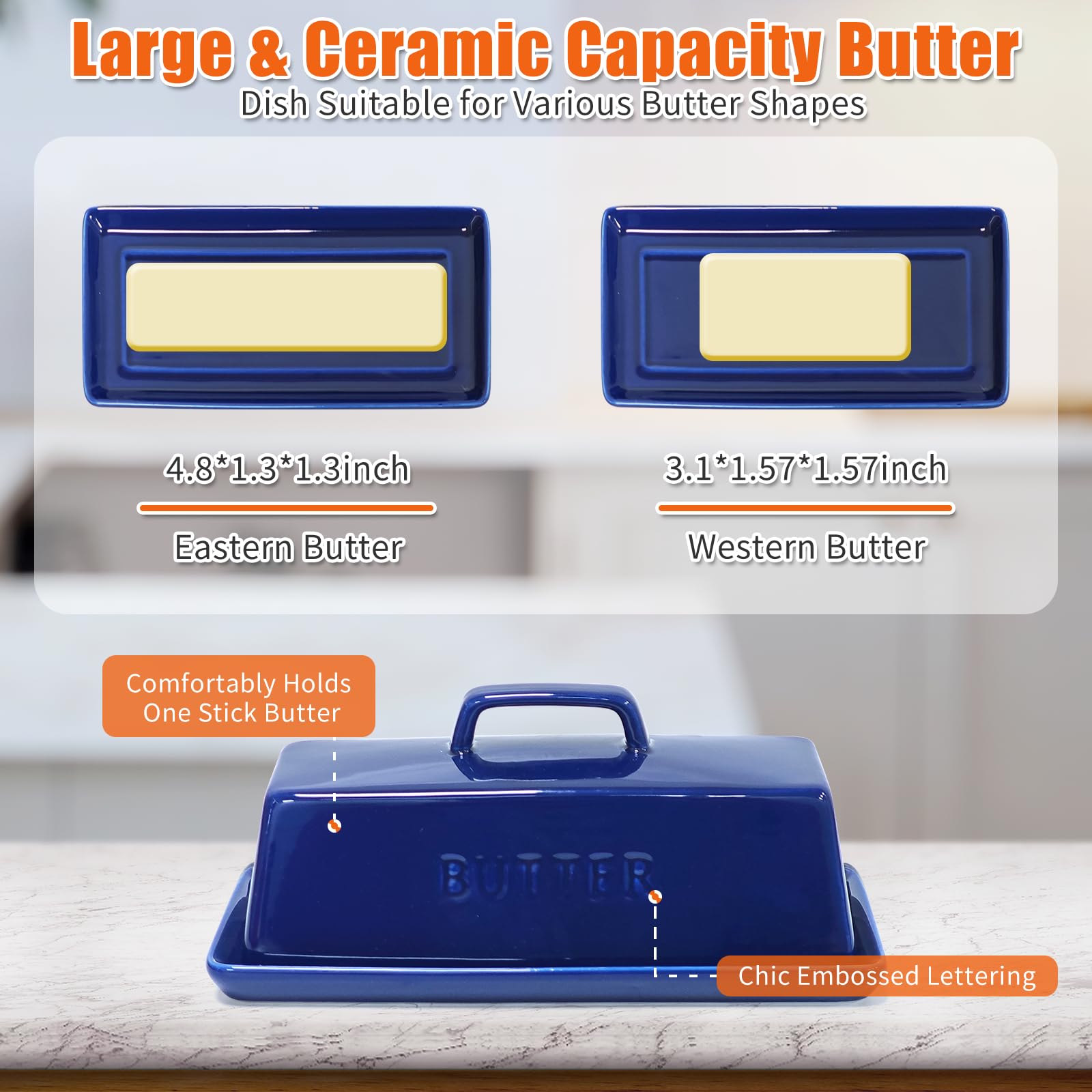 Gute butter dish handle provides easy access to butter on the counter