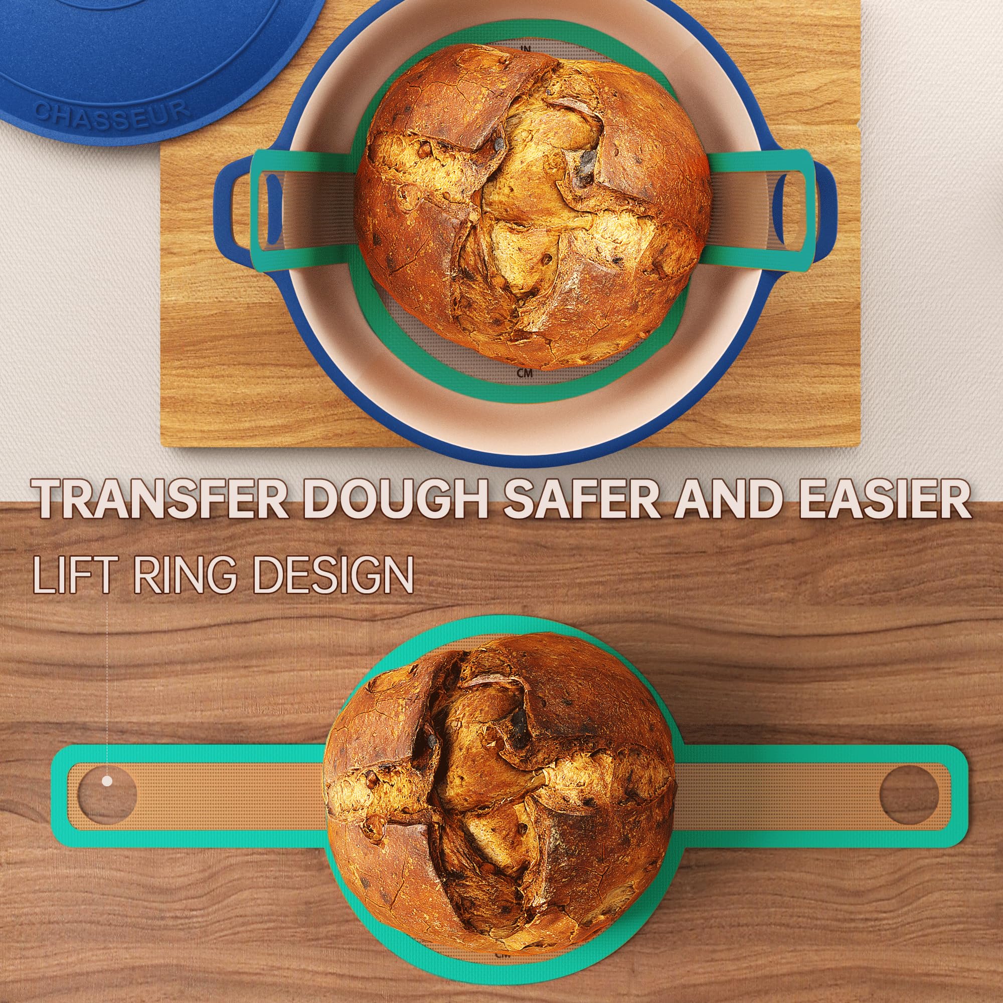 Teal sling showing compatibility with 8–9 inch proofing baskets