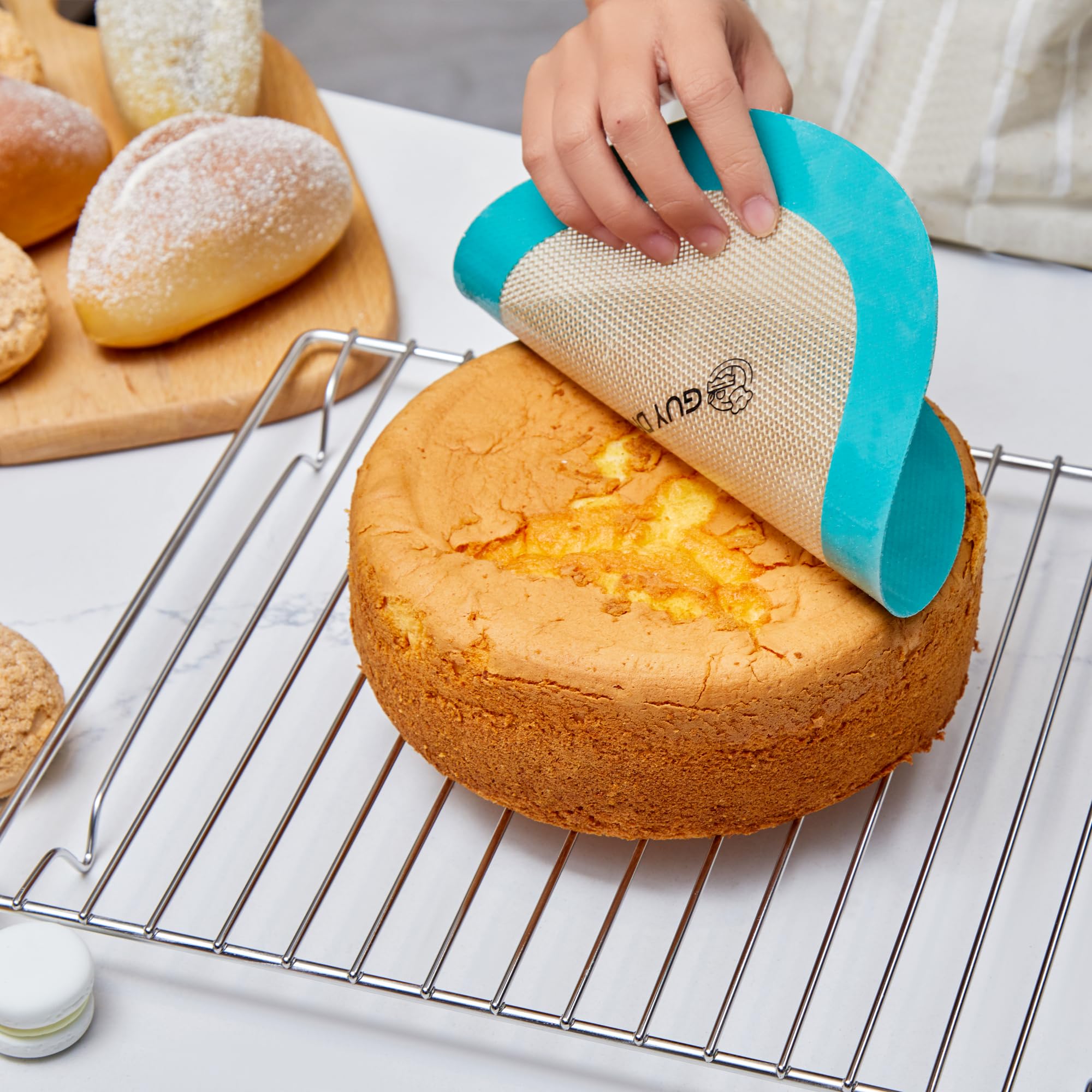 GUYDREMAT stackable baking mats save space in the kitchen.