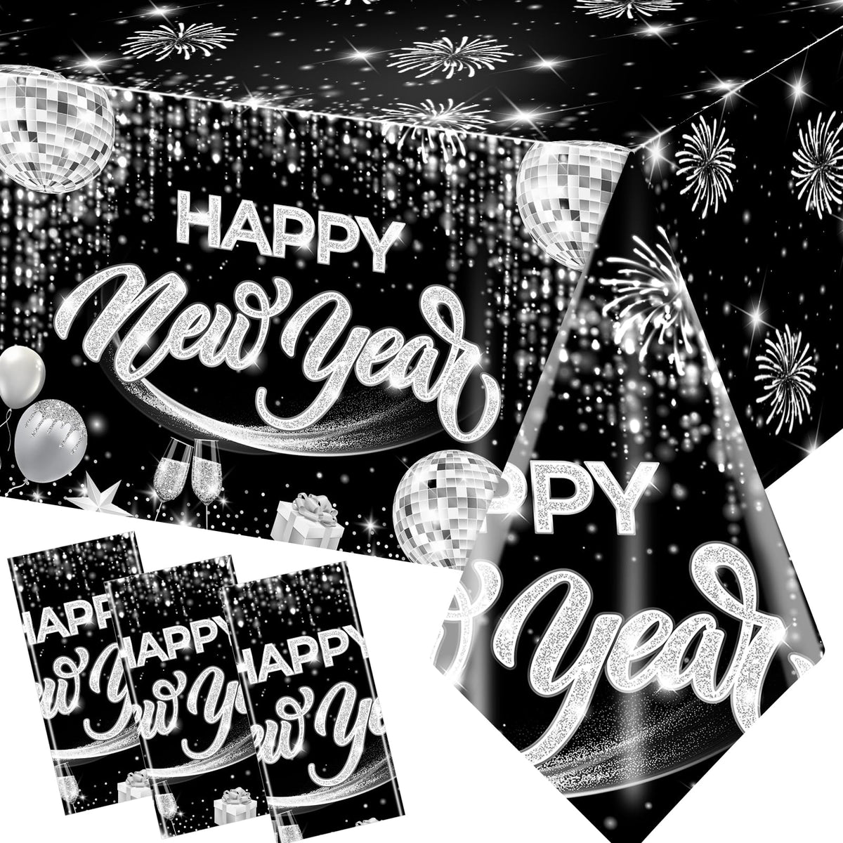 Guzbewu Happy New Year 3pc table cloths cover rectangles to protect surfaces from spills.
