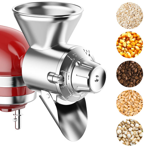 GVODE all-metal grain mill attachment on KitchenAid hub, durable for versatile grinding.