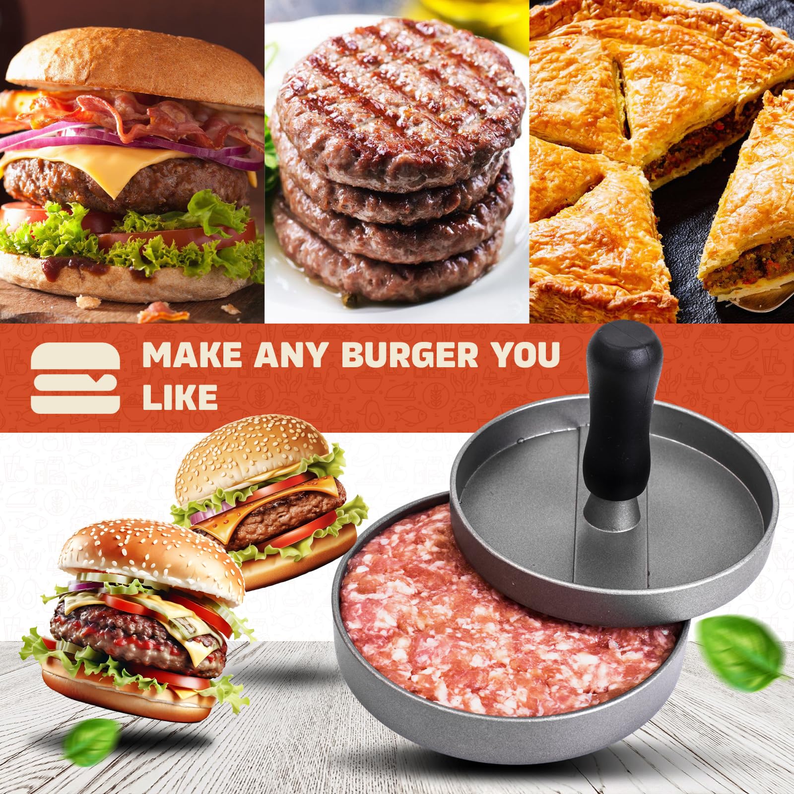 GVODE burger press included for thick, round burgers on outdoor meals.