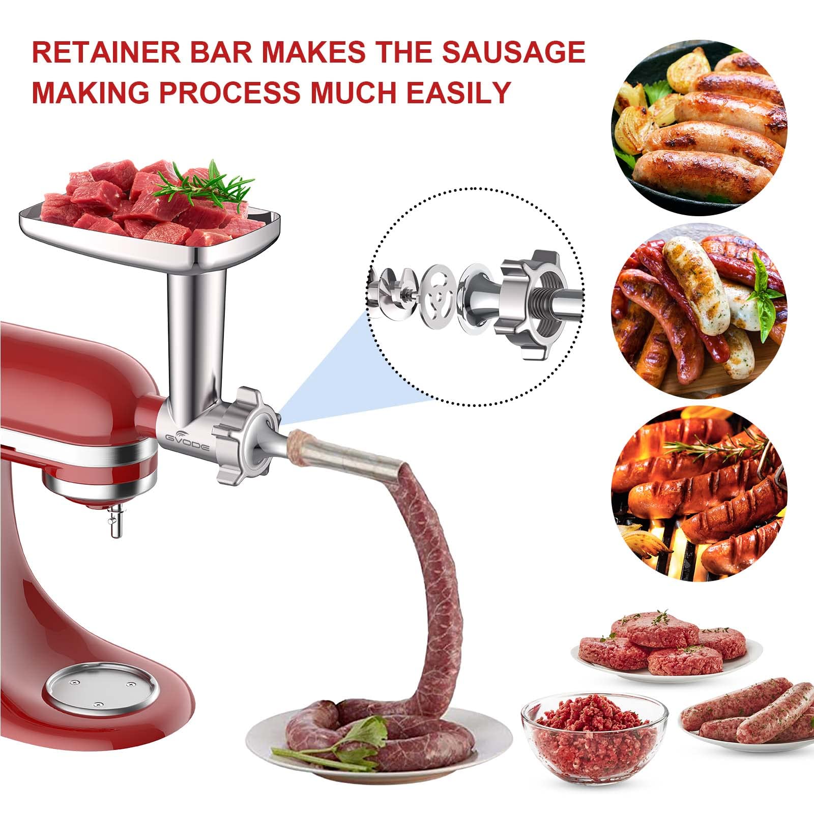 GVODE sausage stuffer tubes included for precise filling of homemade sausages.