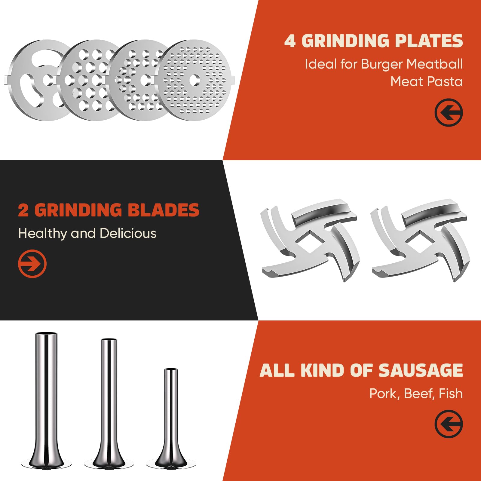 GVODE three sausage stuffer tubes cover small to large sausage sizes.
