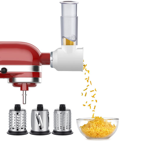 GVODE slicer shredder attachment on KitchenAid mixer for fast, even veggie slicing.