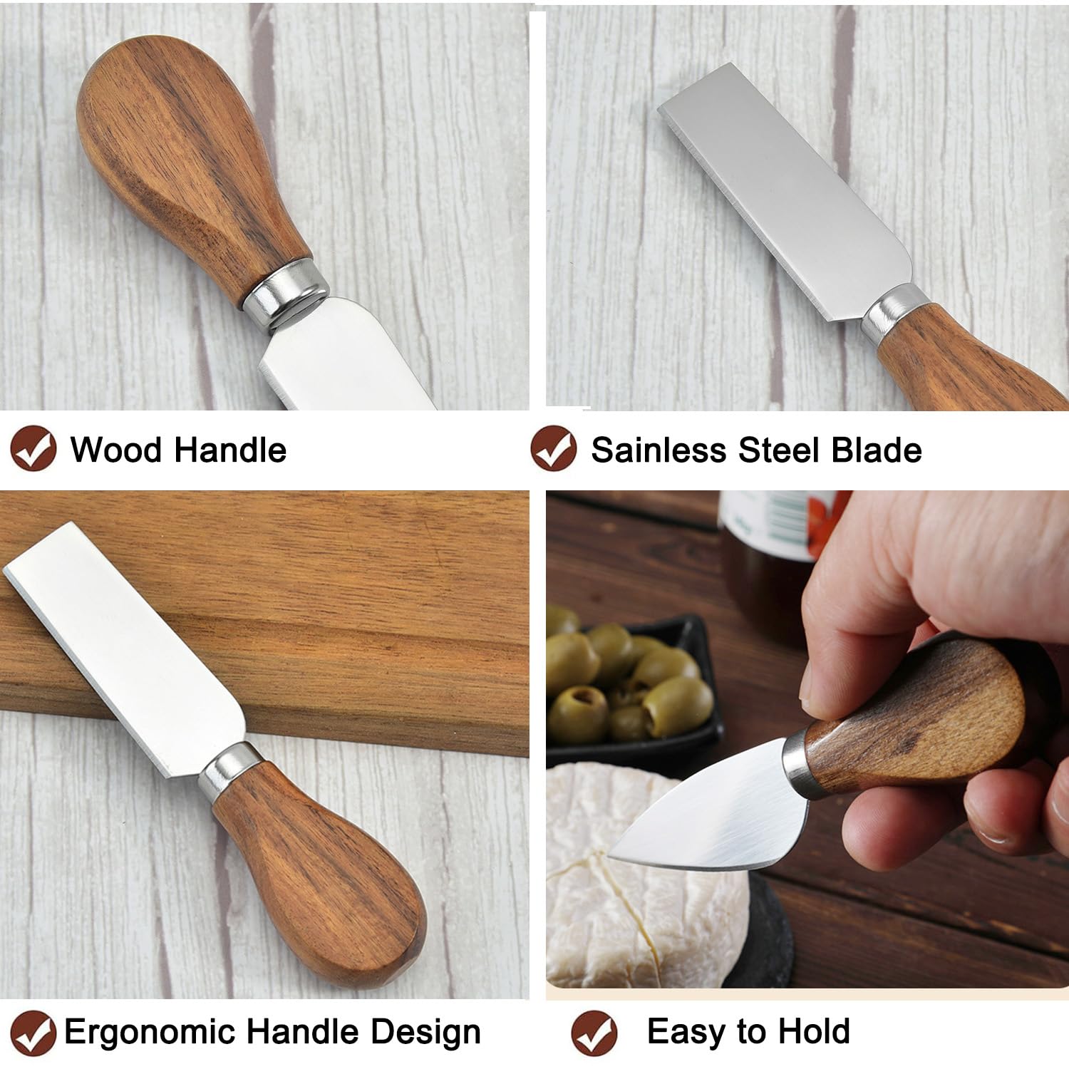 GXIQYL wood-handle cheese knives offer ergonomic grip during use.