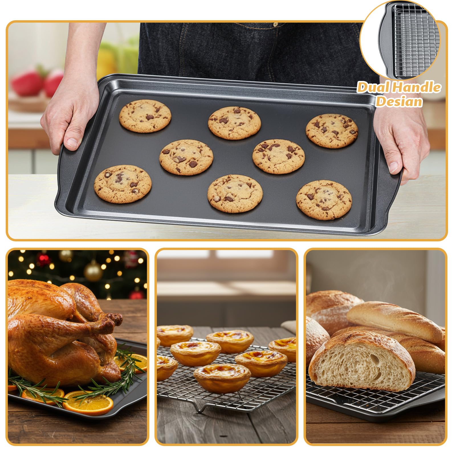 Gymdin ergonomic handles provide safe transport of hot pans.