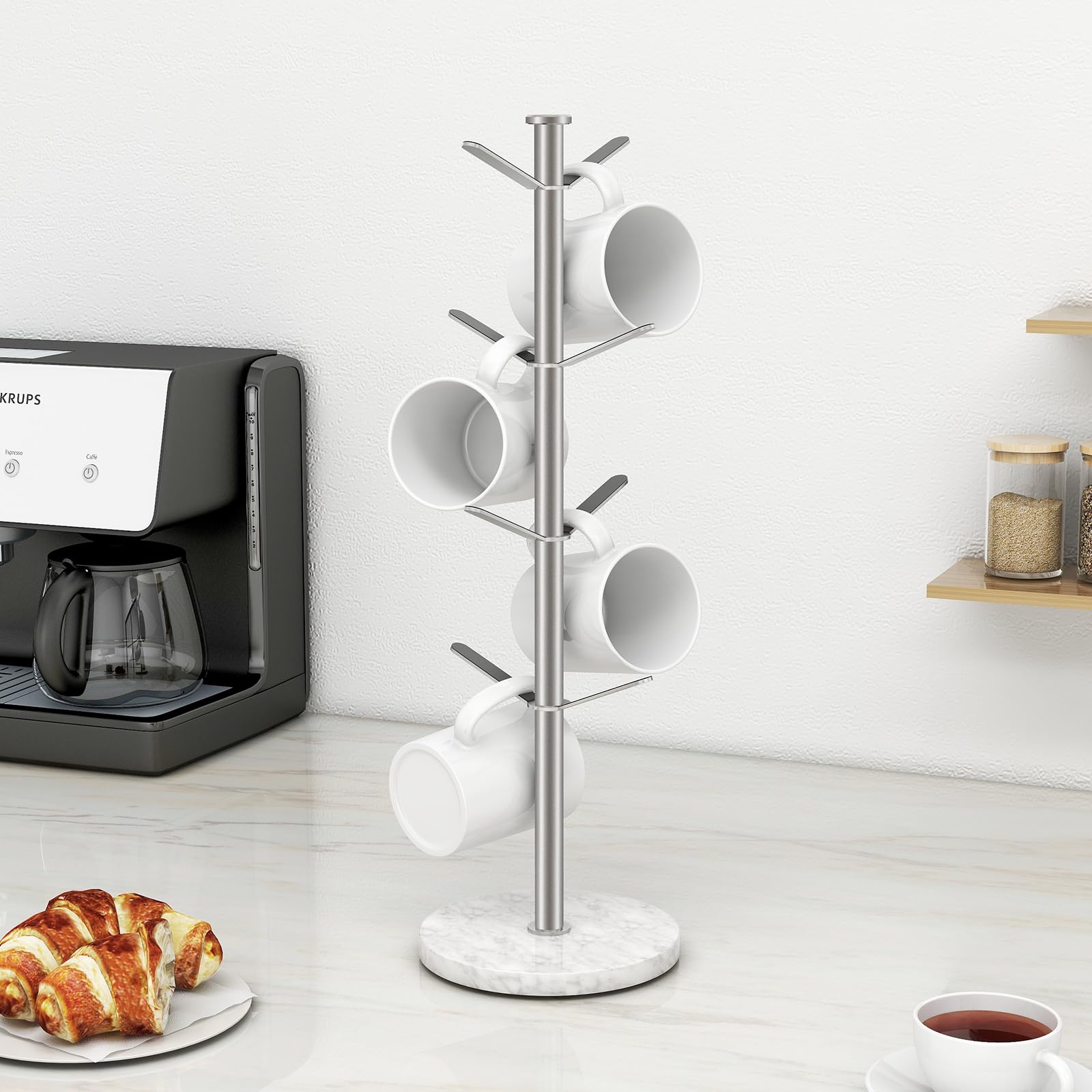 Gypie Compact Mug Tree fits small countertops while keeping cups visible.