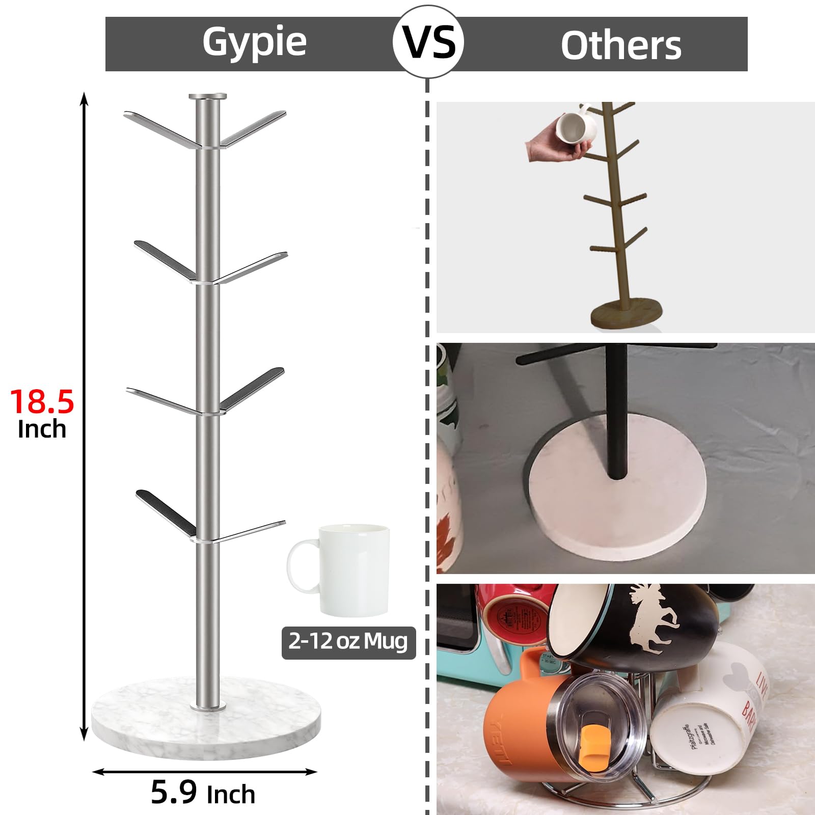 Gypie Marble Base Anti-slip Design keeps mugs stable on surfaces.
