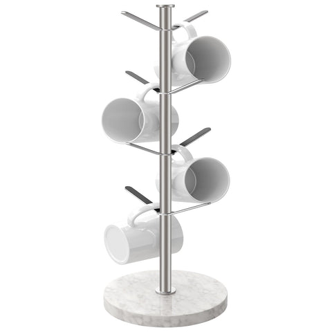 Gypie Marble Mug Holder Tree with 8 hooks keeps cups organized on the counter.