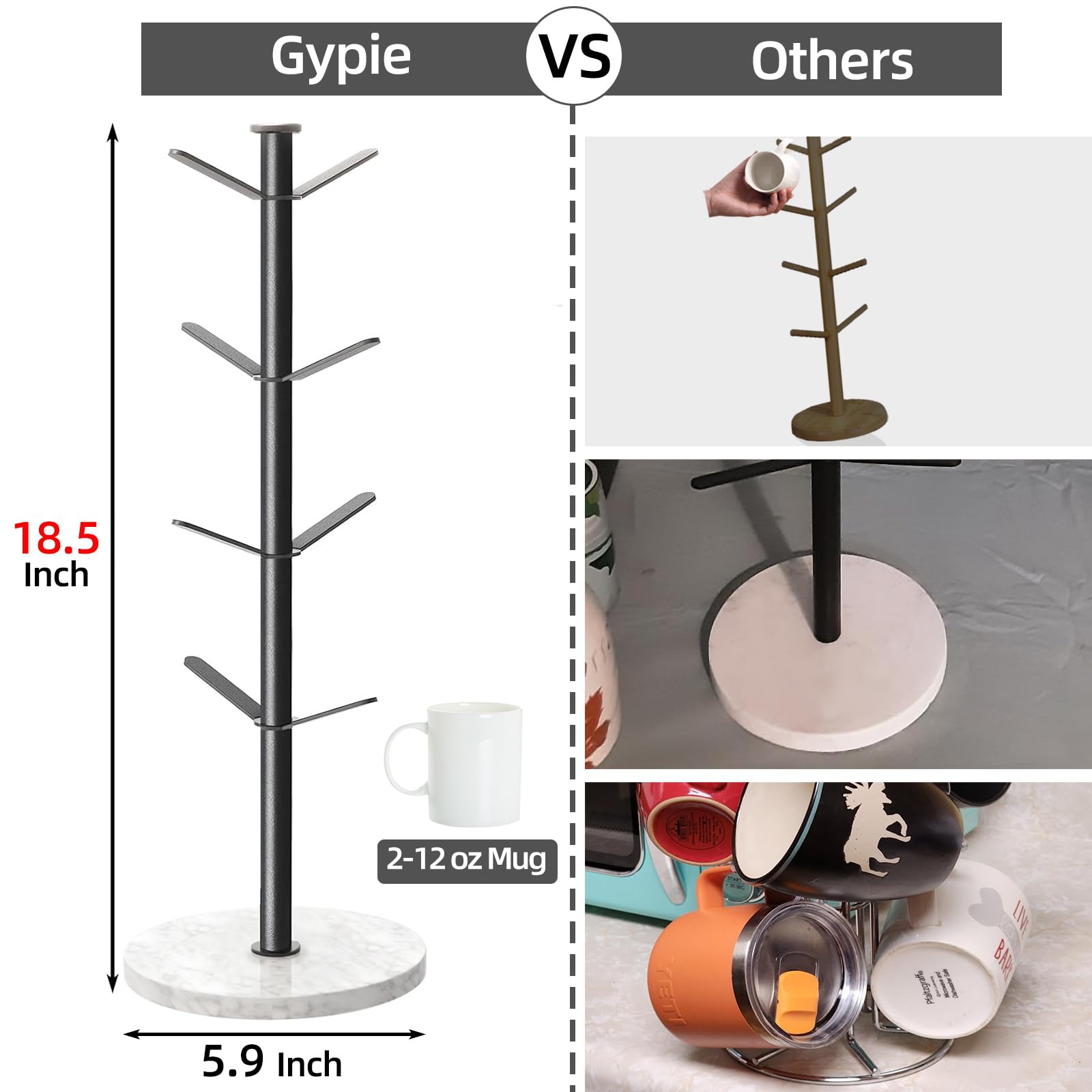 Gypie Marble Mug Holder Tree base detail with 5.9-inch diameter marble base.