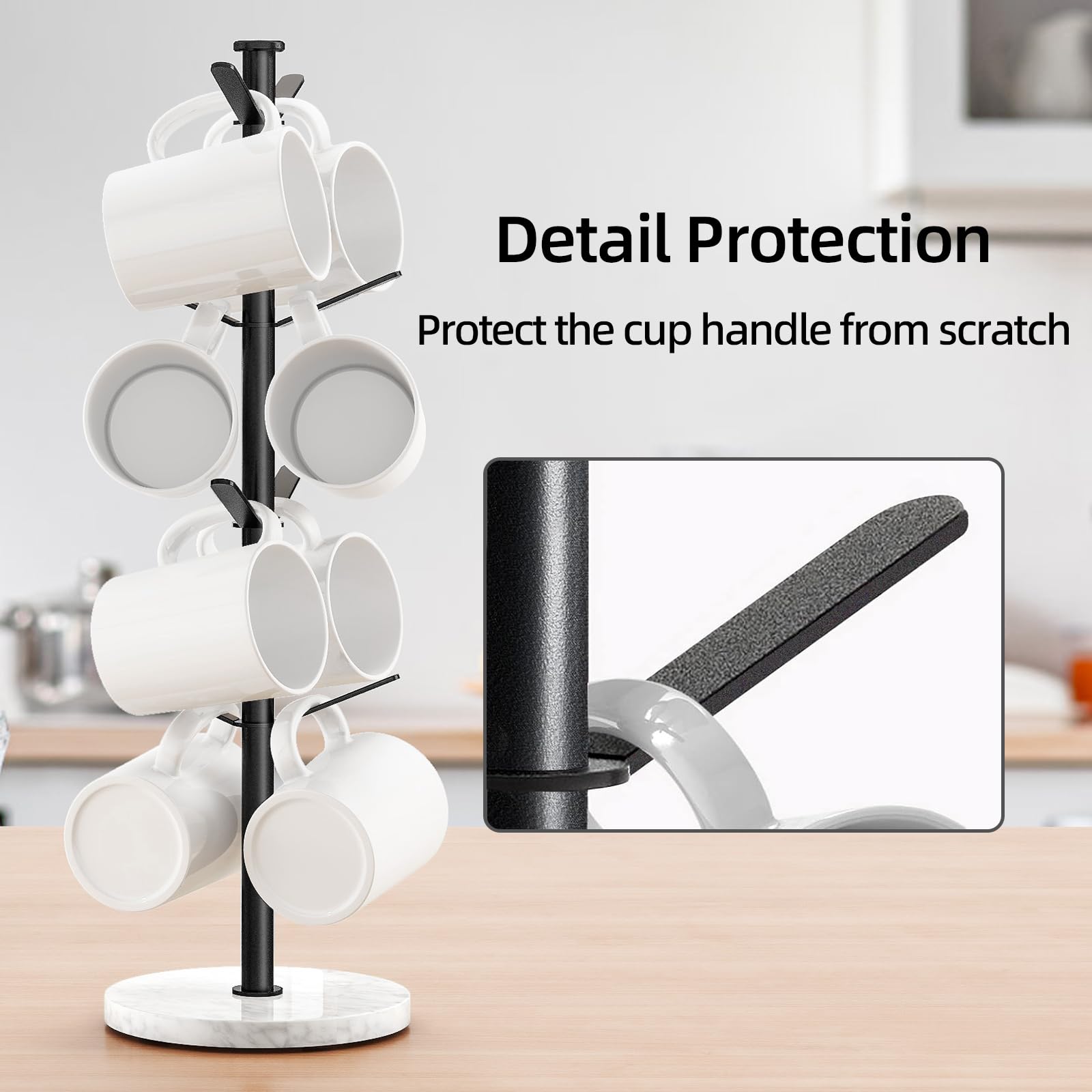 Gypie Marble Mug Holder Tree showing stainless steel rod and matte black finish.