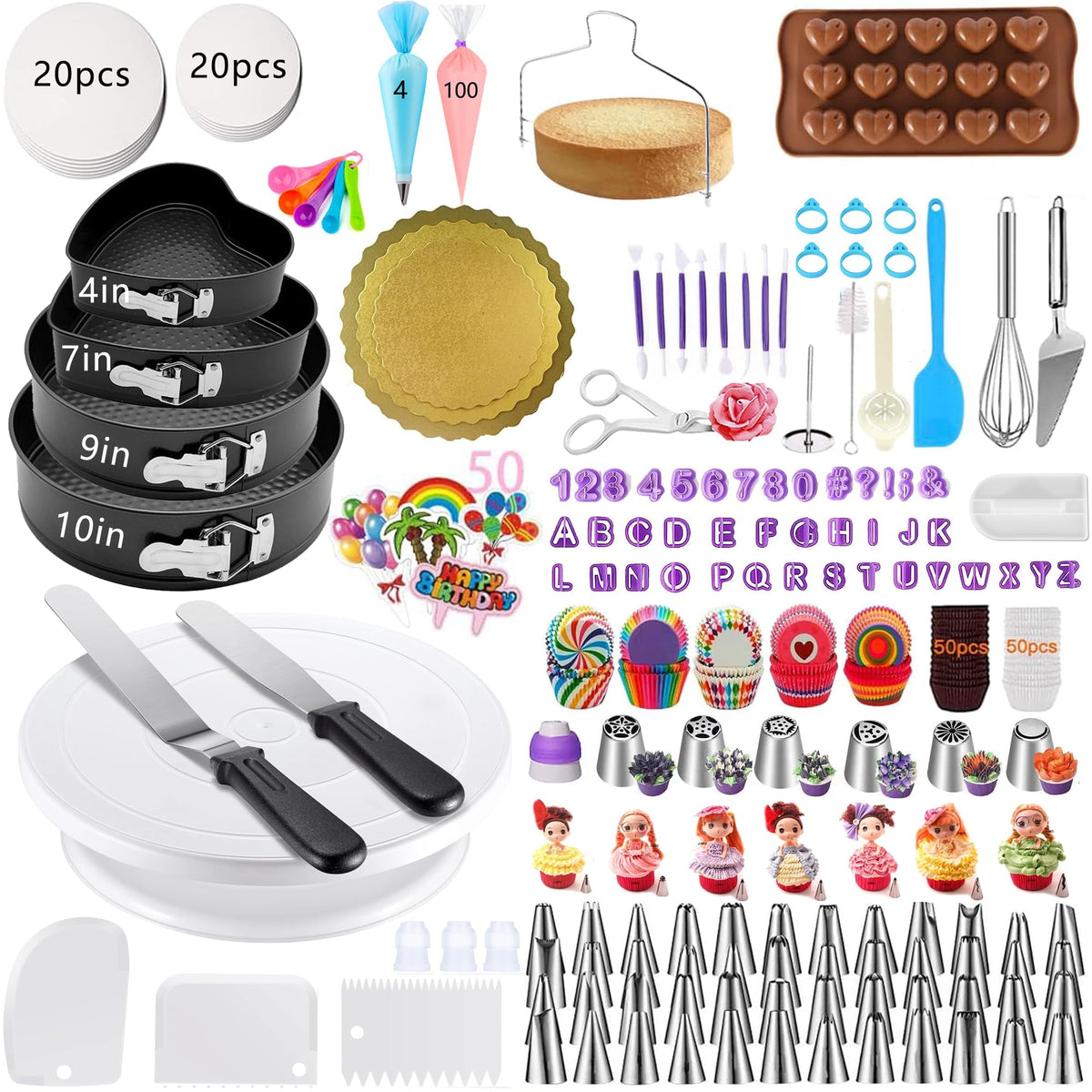 GZMAISULEE 540PCS cake decorating kit on a rotating turntable for precise icing.