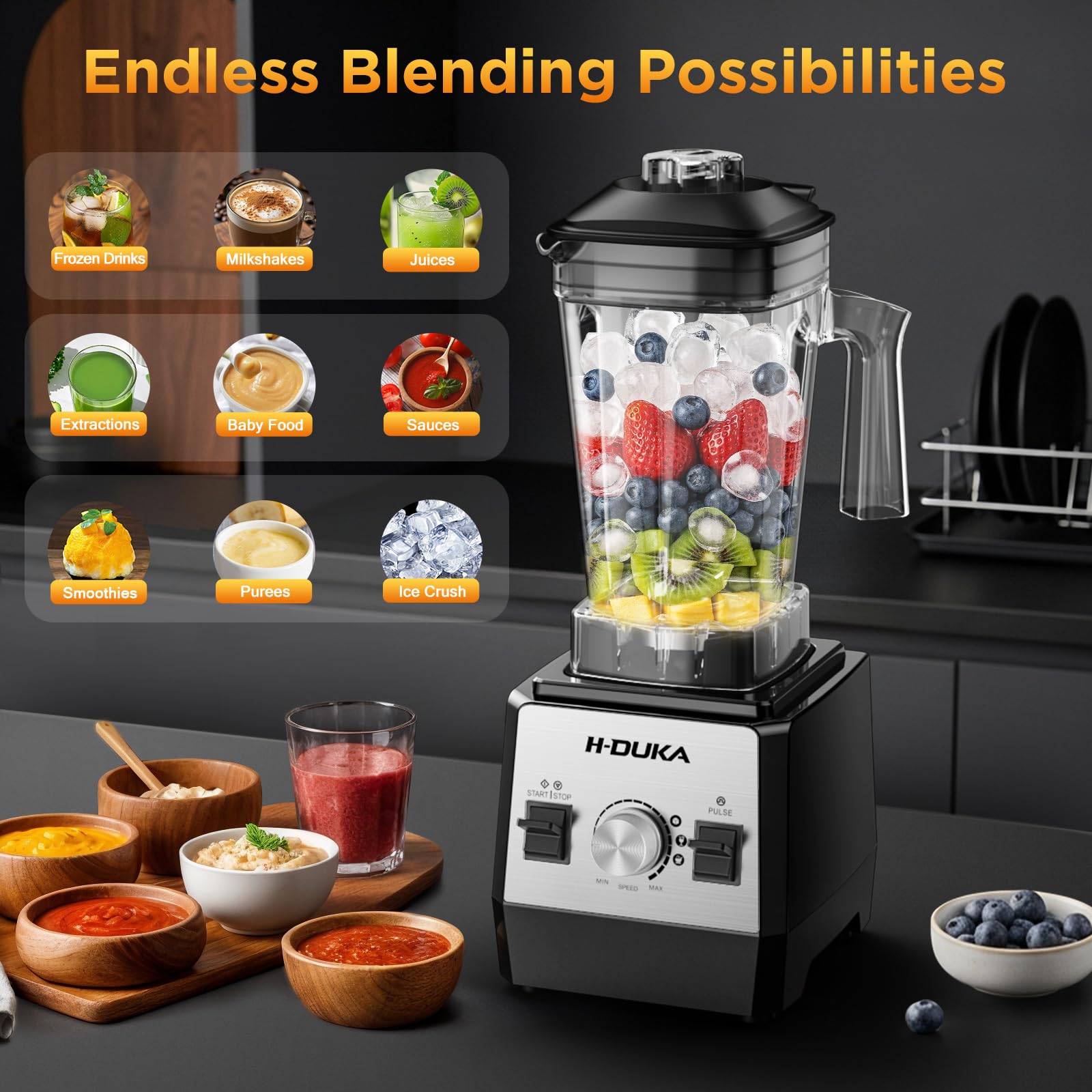 H-Duka blender crushing ice for silky frozen drinks and desserts.