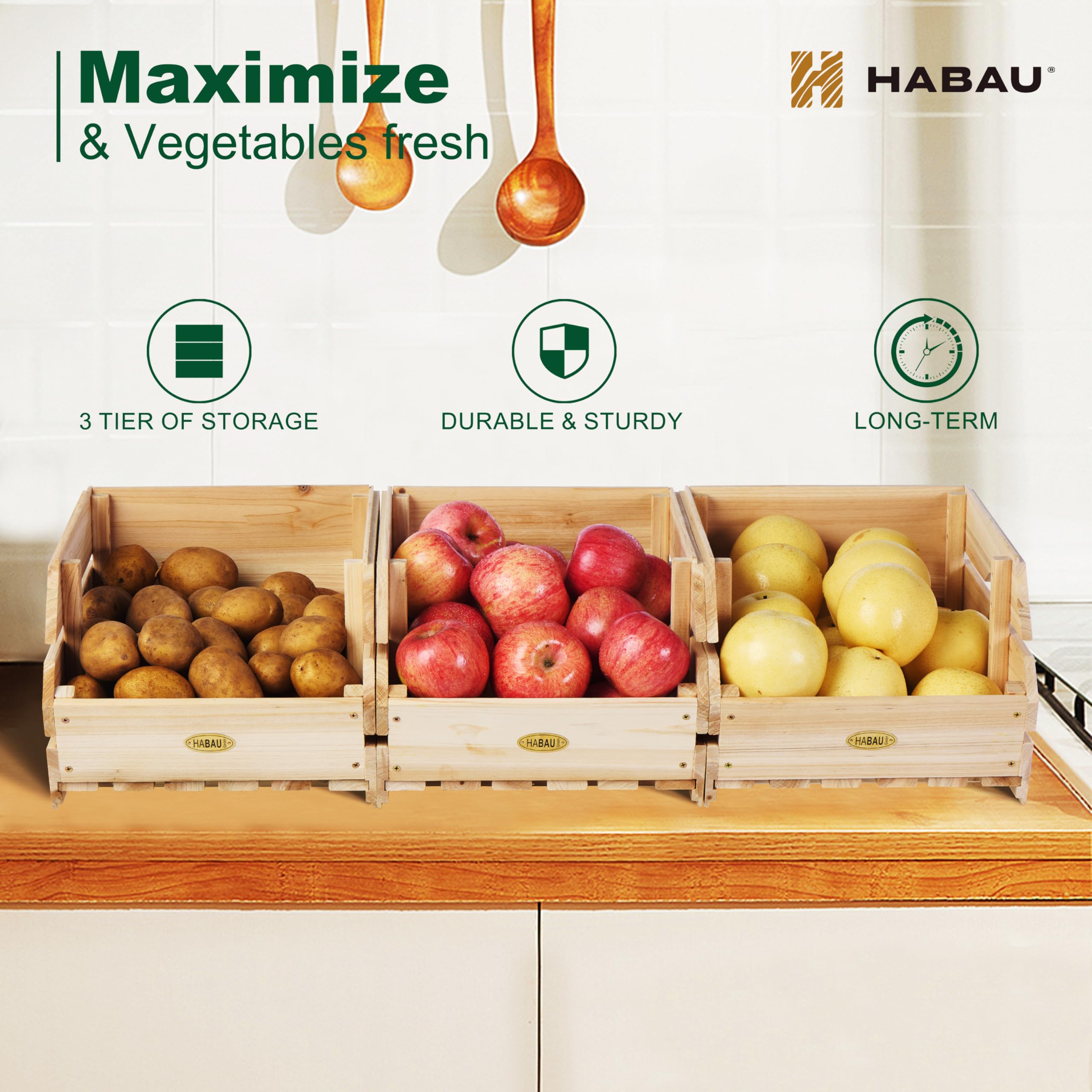 HABAU wood potato onion bins hidden handles offer easy portability.
