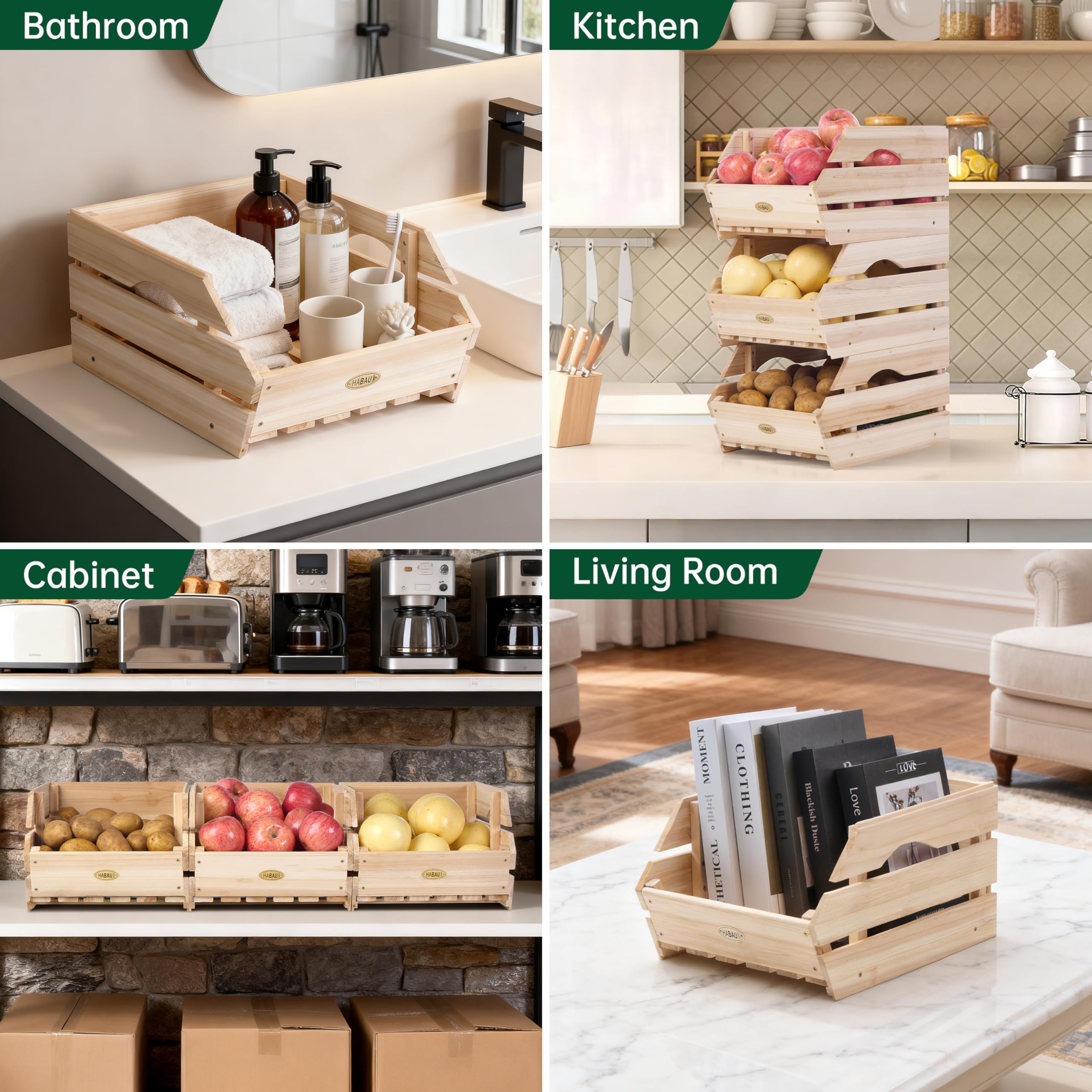 HABAU wood potato onion bins spacious kitchen storage for potatoes and onions.