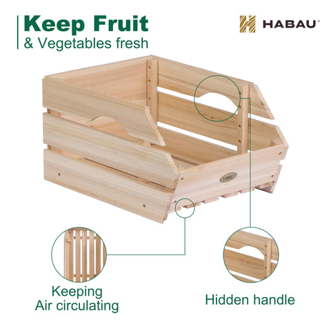HABAU wood potato onion bins stack-ready for versatile kitchen organization.