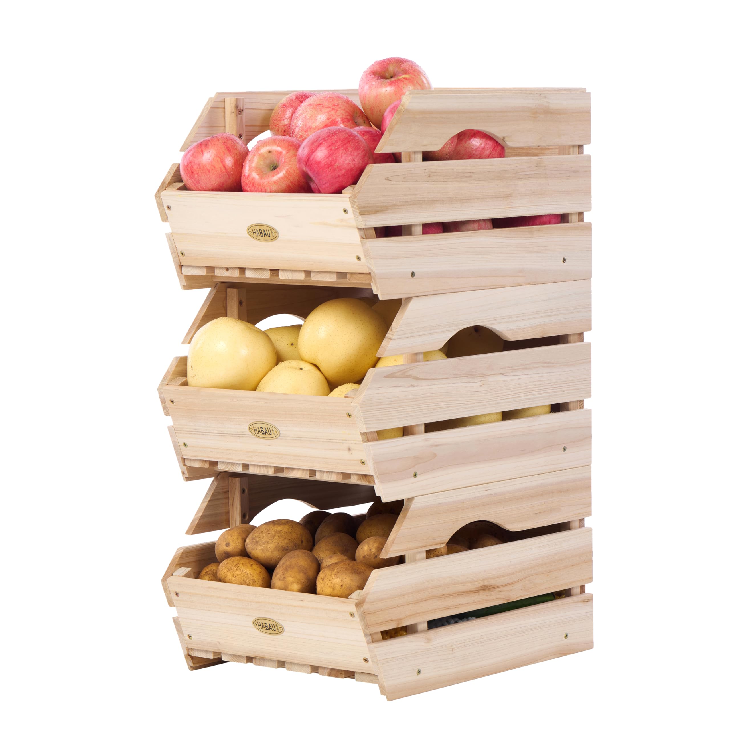 HABAU wood potato onion bins stackable configuration for flexible pantry organization.