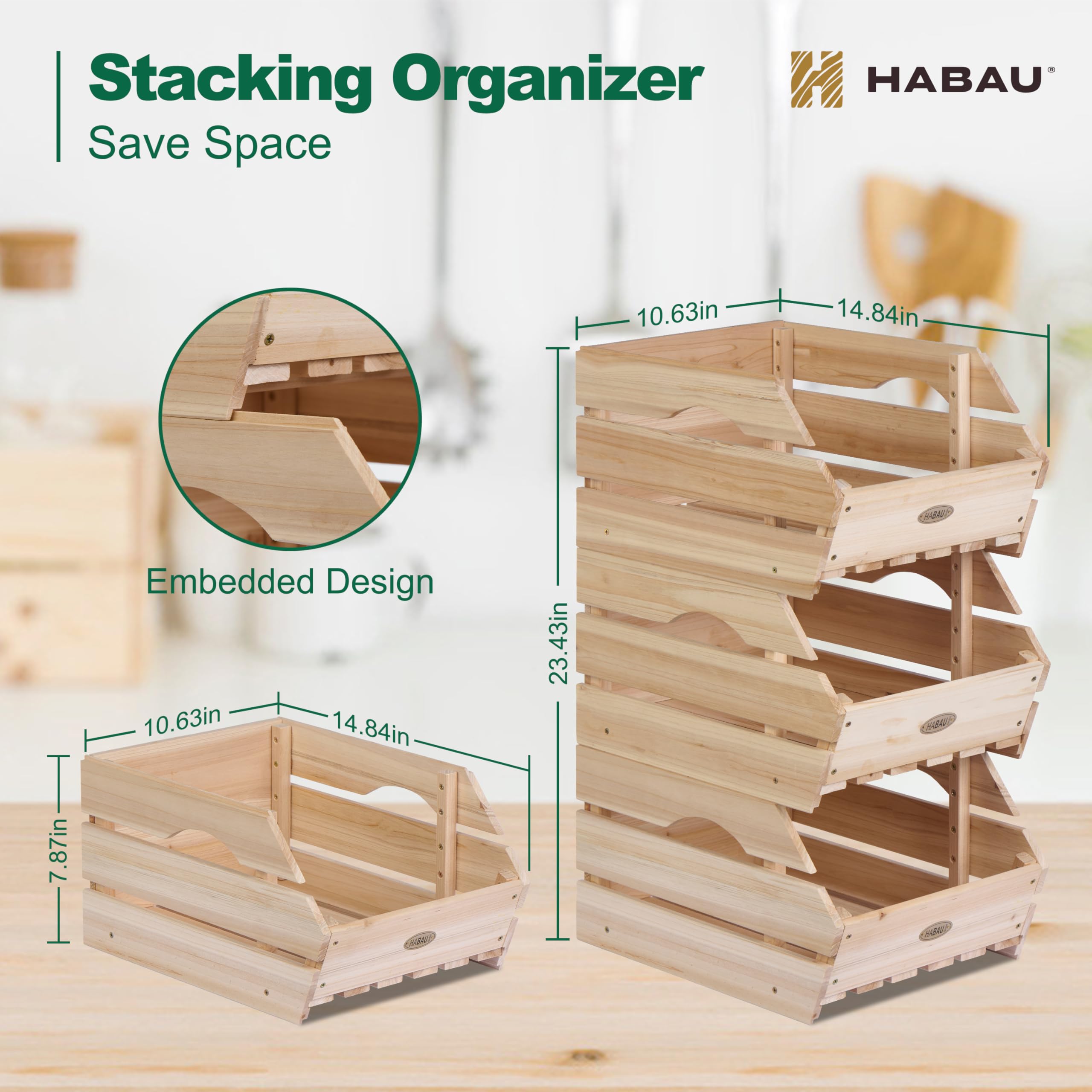 HABAU wood potato onion bins ventilated design promotes airflow and fresh produce.