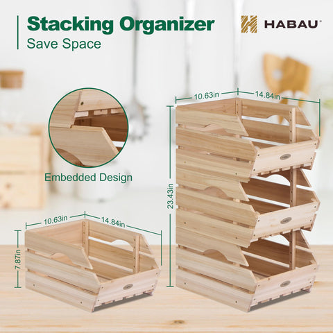 HABAU wood potato onion bins ventilated design promotes airflow and fresh produce.