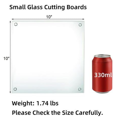 Hacaroa square clear glass cutting board shows 10x10 inch size on counter