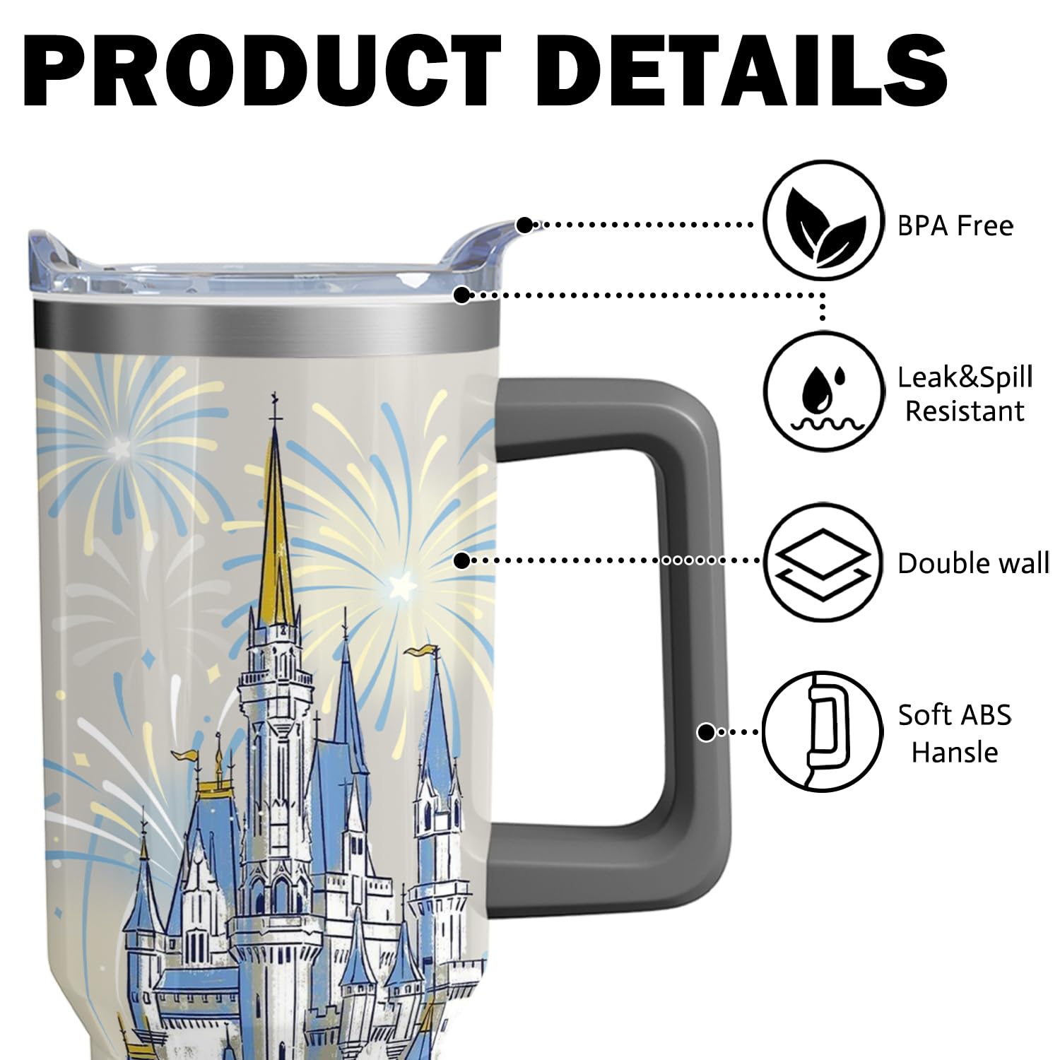 Hachishun 40oz blue castle tumbler with handle, lid, and straw for spill-free transport.