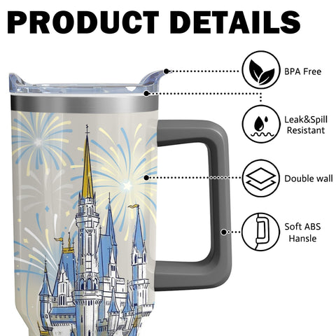 Hachishun 40oz blue castle tumbler with handle, lid, and straw for spill-free transport.