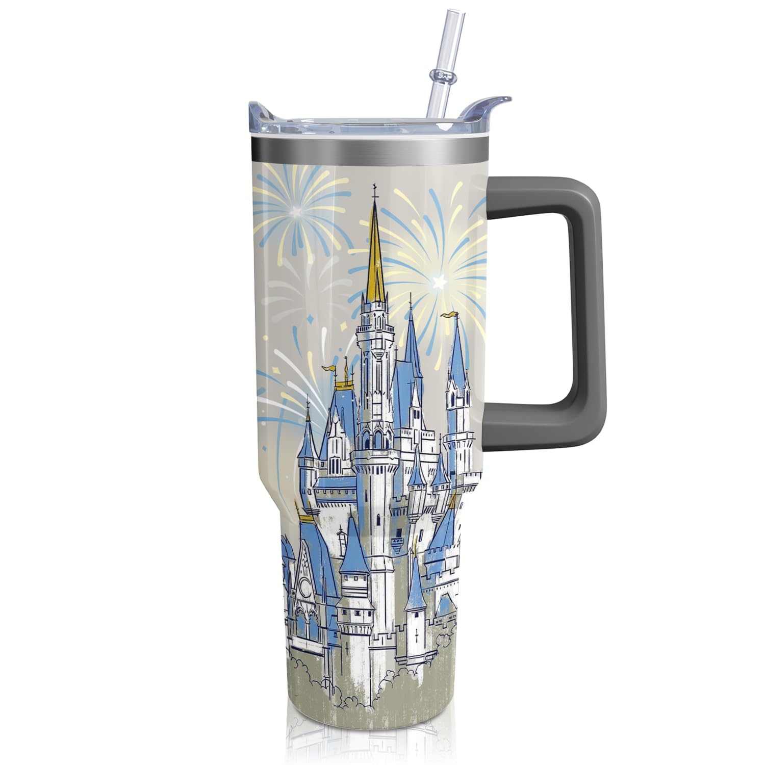Hachishun 40oz cartoon blue castle tumbler with handle keeps beverages at the right temperature on the go.