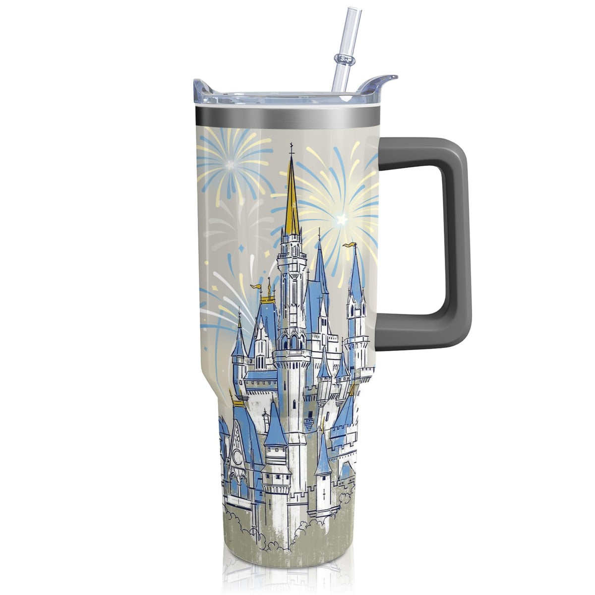 Hachishun 40oz cartoon blue castle tumbler with handle keeps beverages at the right temperature on the go.