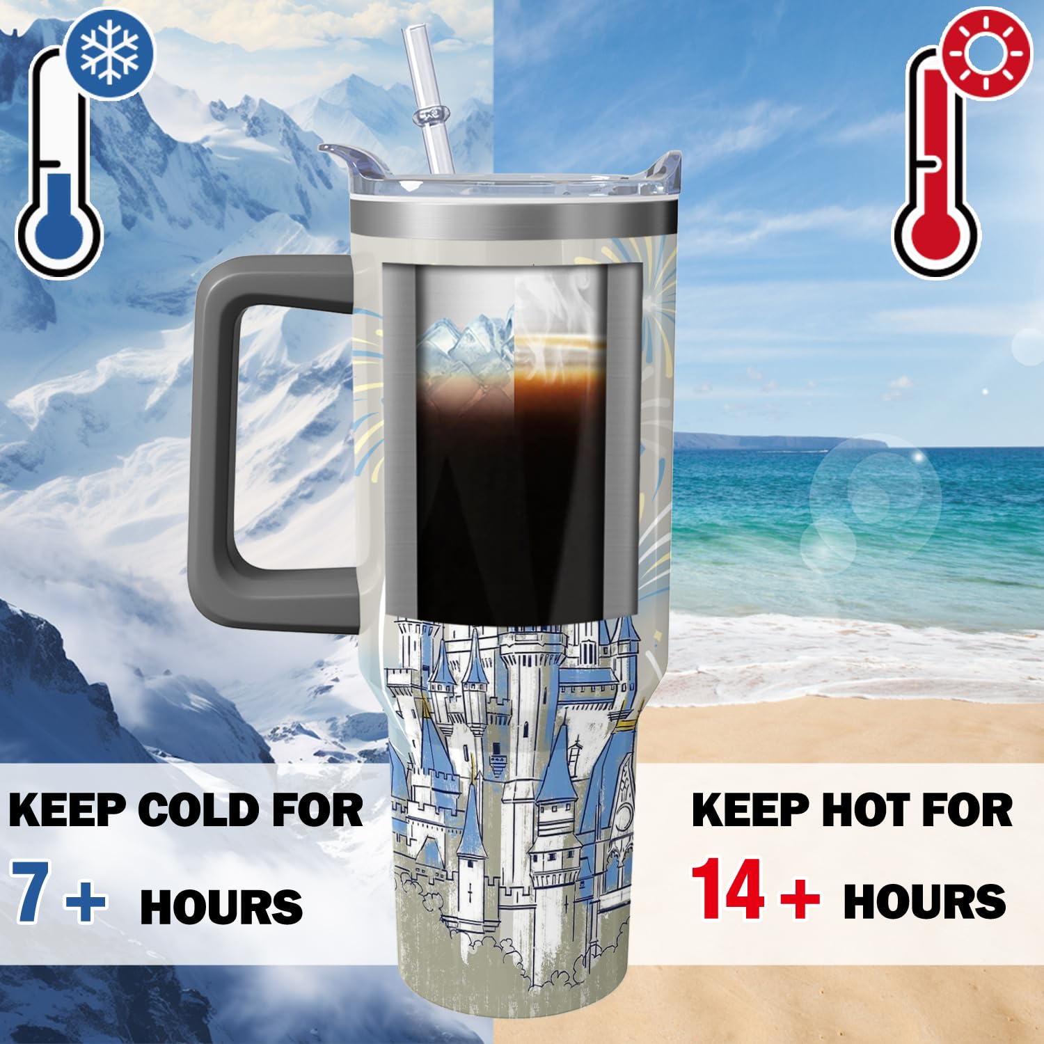 Hachishun spill-resistant lid on the blue castle tumbler prevents leaks during travel.