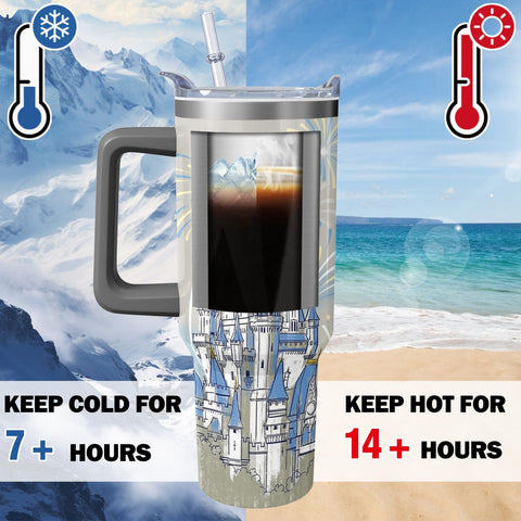 Hachishun spill-resistant lid on the blue castle tumbler prevents leaks during travel.