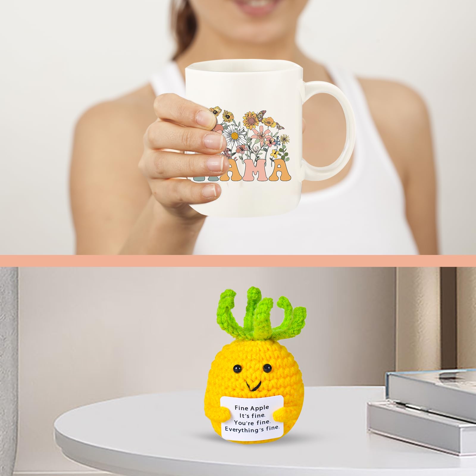 Haclury mom coffee mug with charming knitted potato plush.