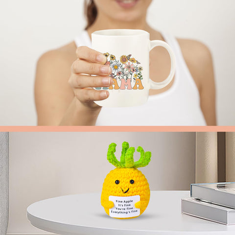 Haclury mom coffee mug with charming knitted potato plush.