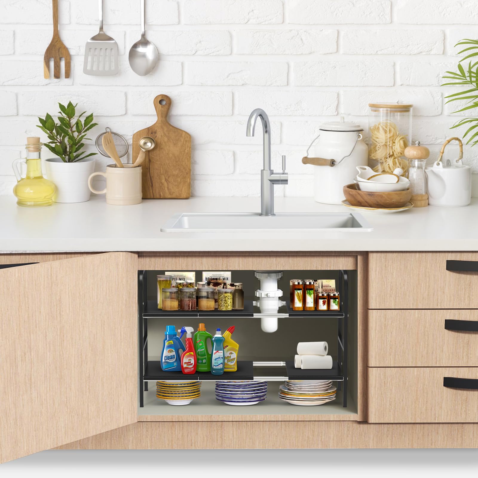 HADWER expandable under-sink organizer side view illustrating tool-free setup for quick installation.