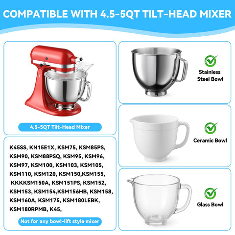 HAEGCKCA pouring shield on front view of tilt-head KitchenAid for splatter prevention.