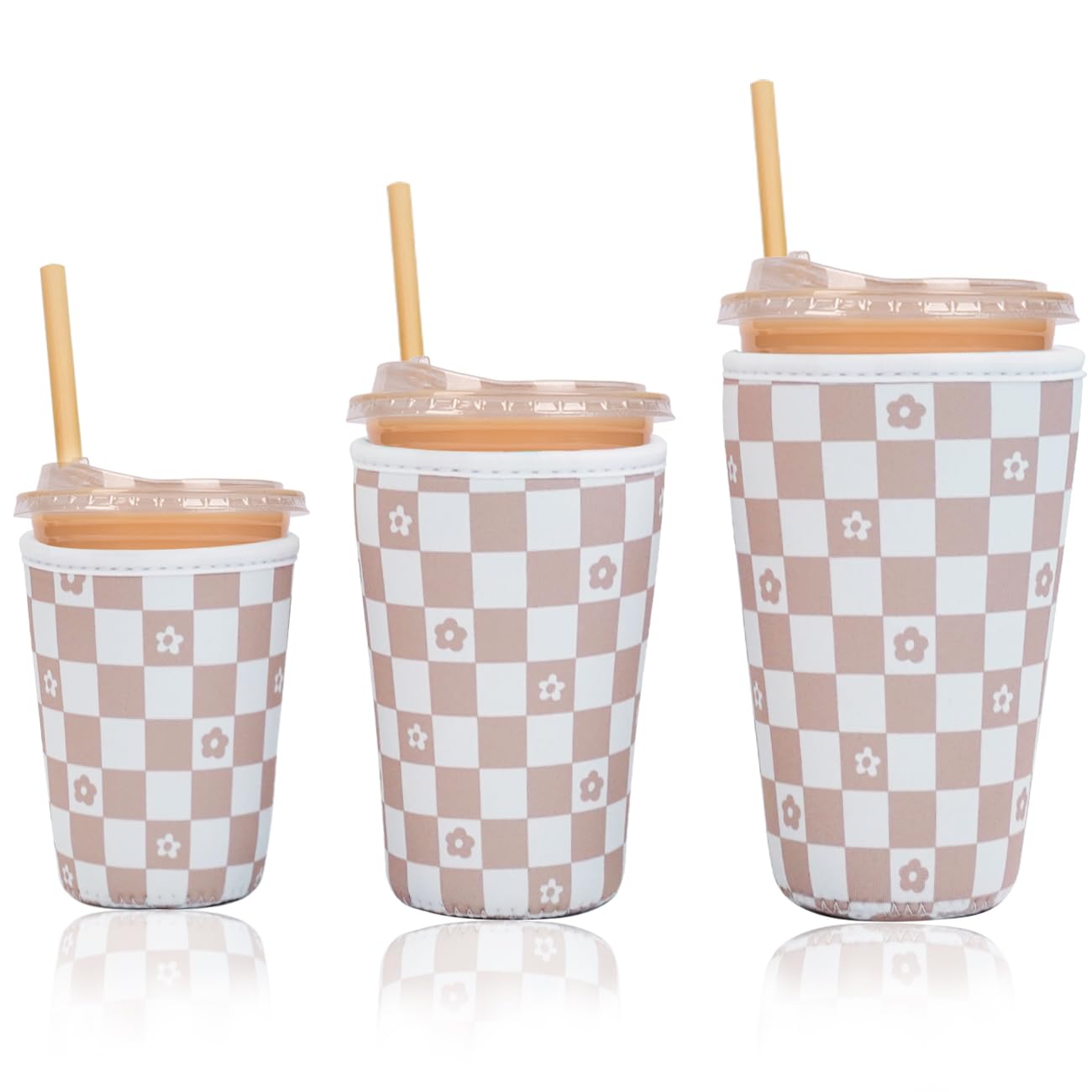 Haevola Checkered Bloom cup sleeve keeps drinks cold and hands dry on the go.