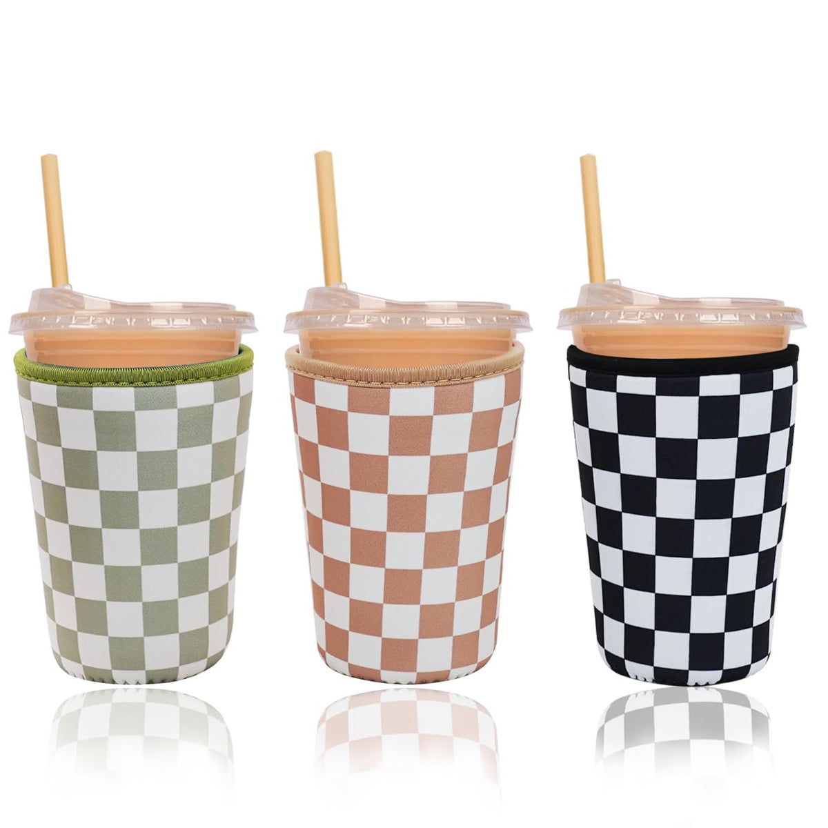 Haevola Checkered Delight sleeve set on a cold drink protects hands from condensation